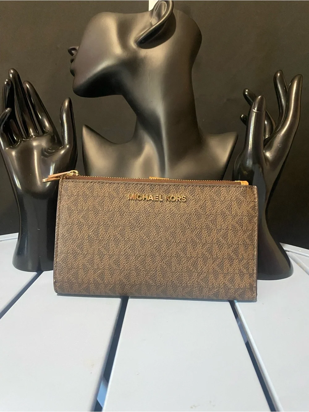 Michael Kors Brown and Gold Logo Zip Wallet